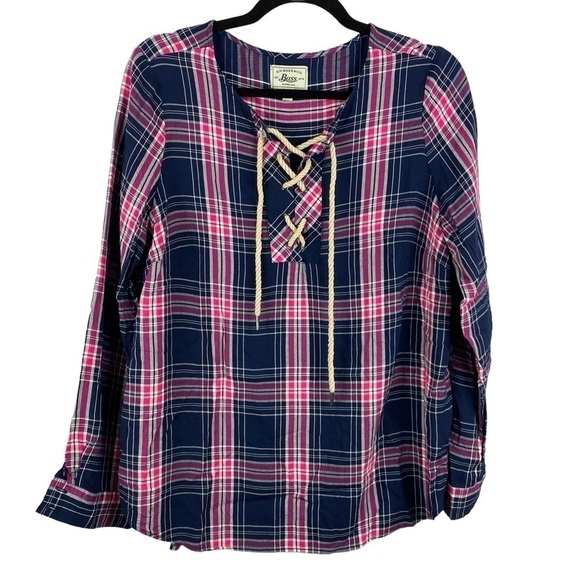 G.H. Bass Coastal Nautical Plaid Long Sleeve Lace Up Neck Blouse Large Blue Pink - Picture 2 of 9